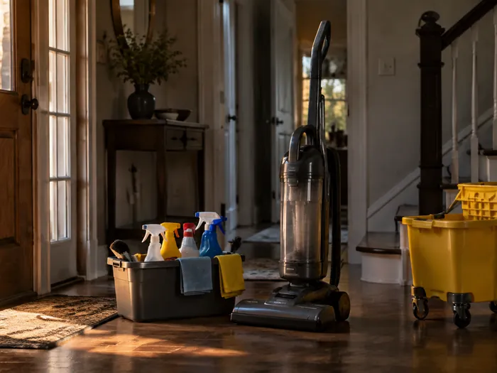 A cleaning caddy of spray bottles, scrub brushes and folded cloths set on a kitchen floor beside a mop bucket, soft daylight