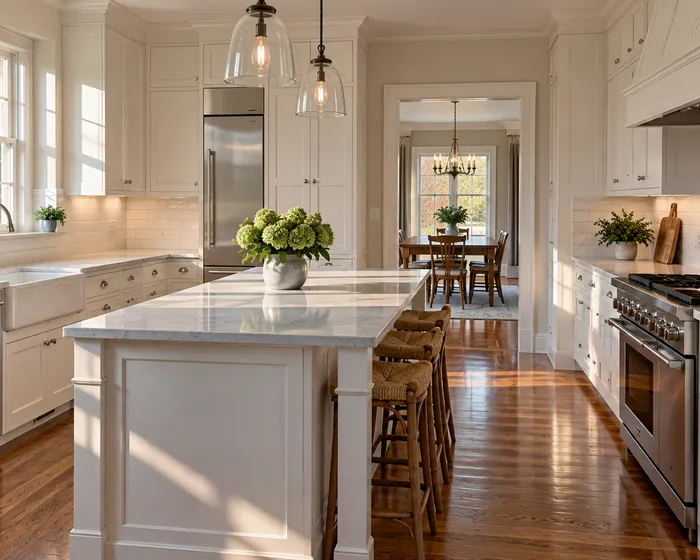 A kitchen after a deep clean with wiped cabinet fronts, a clean stovetop and bare counters