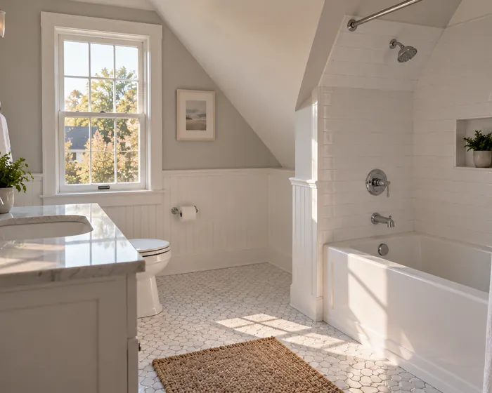 A tiled bathroom with a clean tub, white grout and a polished faucet