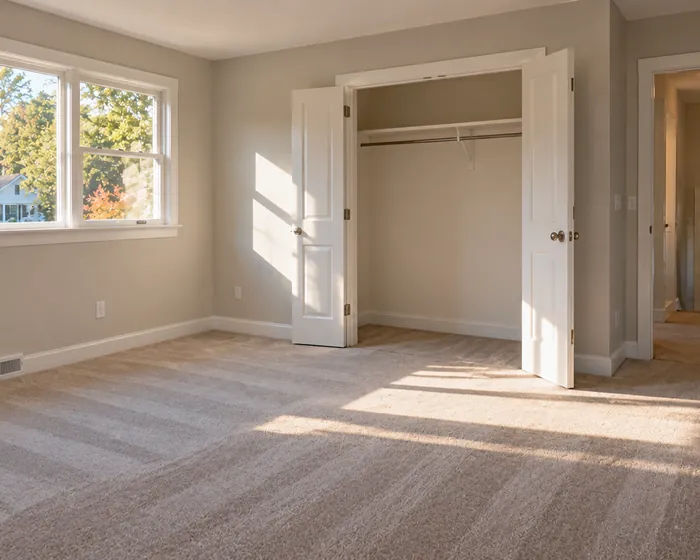 An empty bedroom with fresh vacuum lines in the carpet and an emptied closet