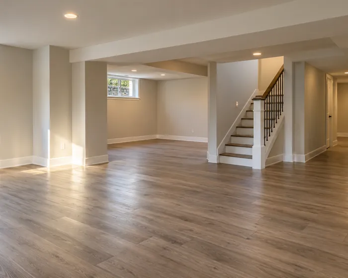 A newly finished basement room with a dust-free floor and clean trim