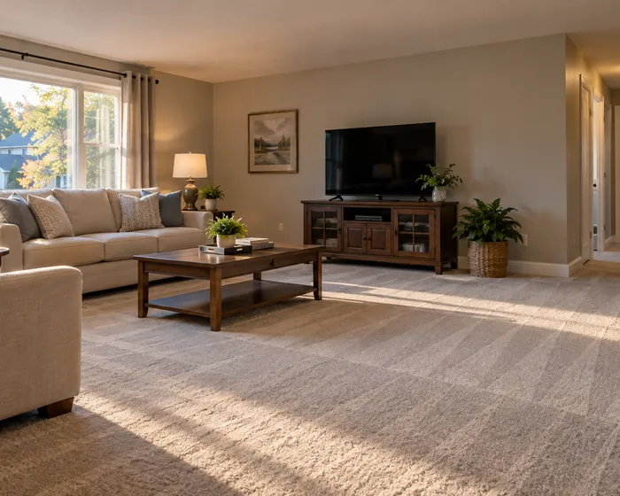 A living room carpet with even cleaning lines across it
