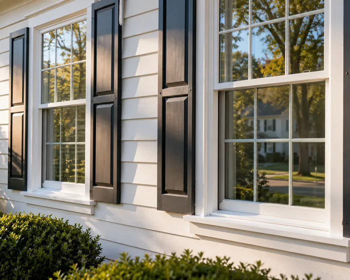 Two double-hung windows on a white clapboard wall with clear glass and clean sills