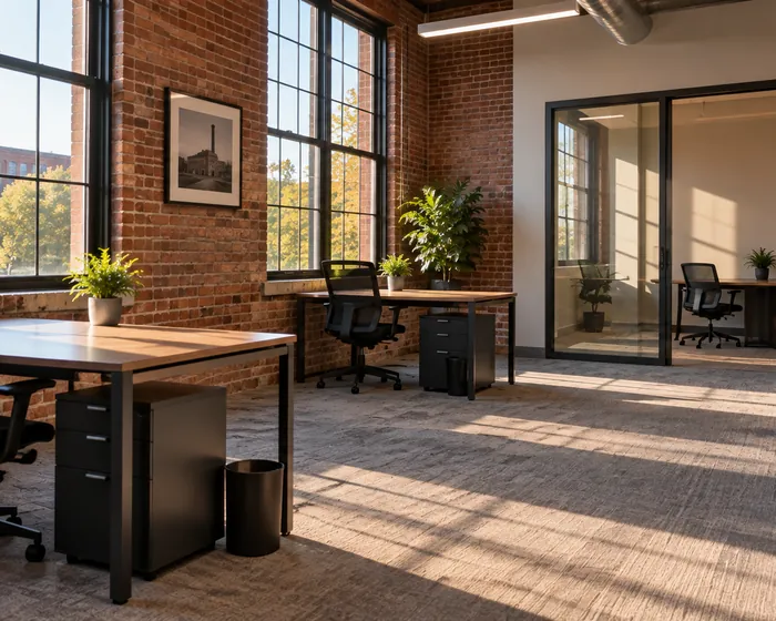 A small office with cleared desks, a vacuumed carpet and empty bins