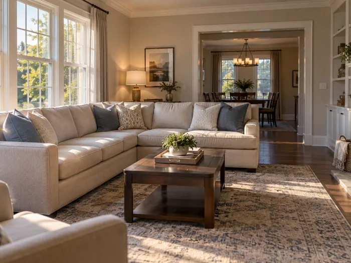 A fabric sectional sofa with evenly cleaned cushions