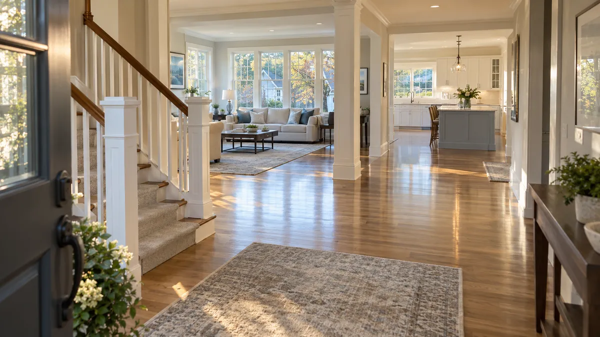 The whole first floor of a house after a full clean, seen from the front door through the hall and living room to the kitchen, floors bright, surfaces clear, daylight